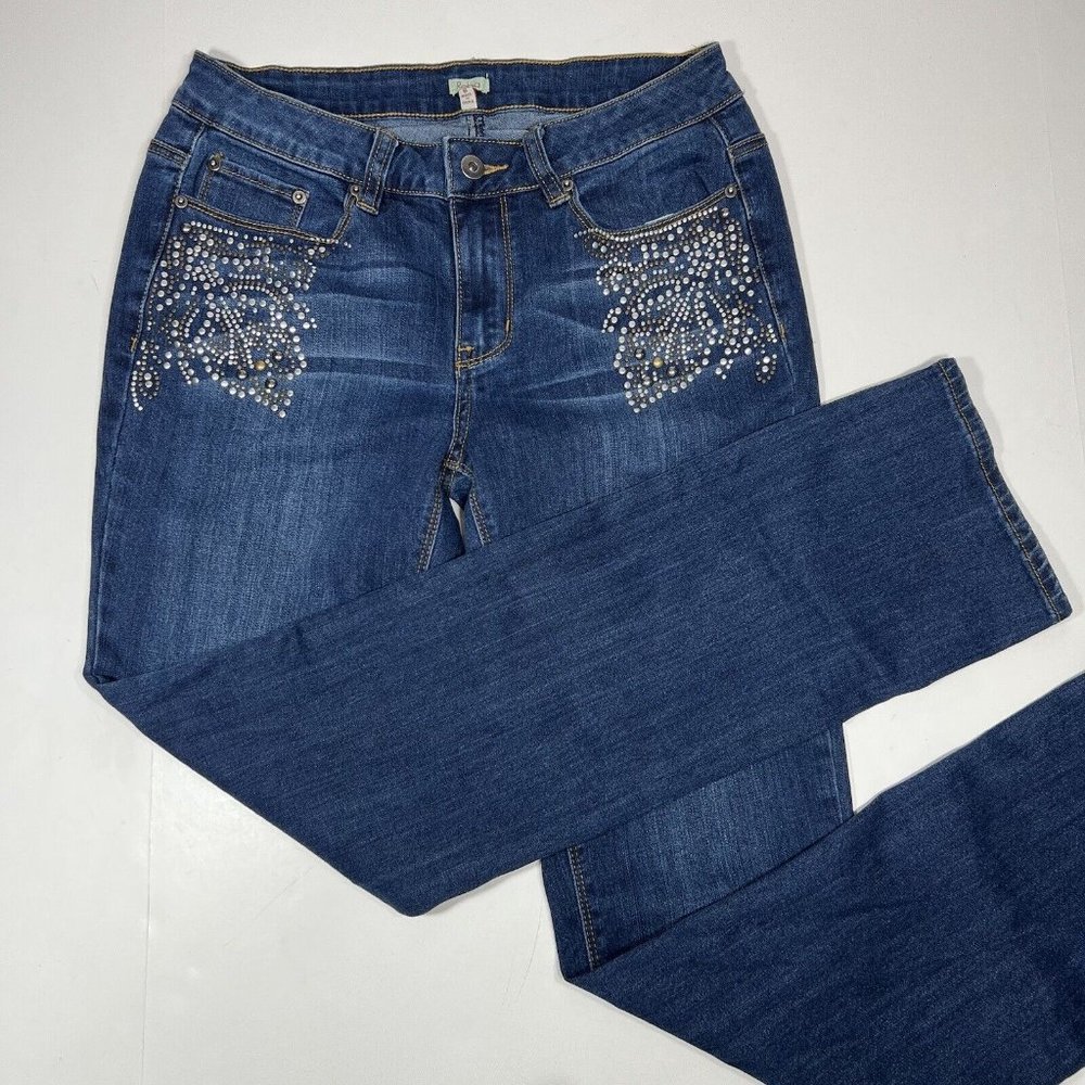 Reba Womens Jeans Size 6 Inseam 30" Blue Studded Front Dark Wash Straight Leg